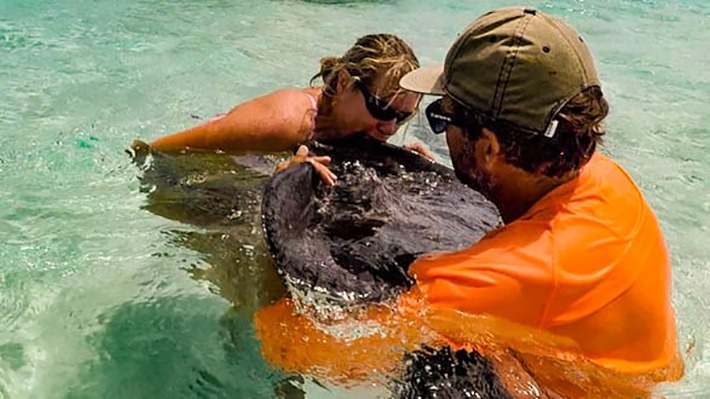 Dede Kissing Ray in Stingray City Grand Cayman - Crazy Crab